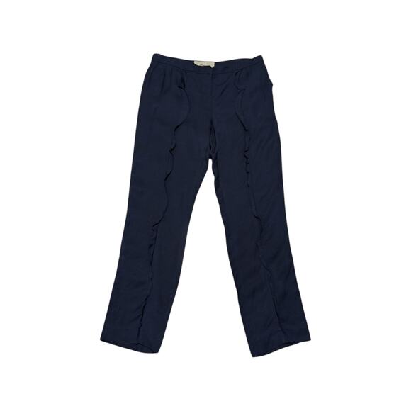 Anthropologie Leifsdottir Navy Blue Linen Trousers Ruffle Front Tapered Pants - Picture 2 of 6